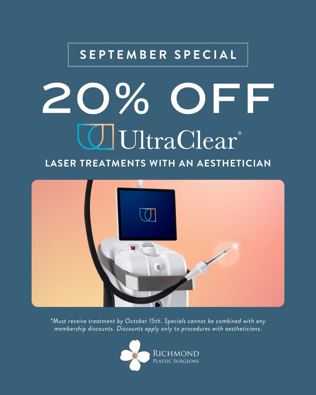 Instagram post by Dr. Stephen M. Chen: ✨ September is for fresh skin! ✨ Ready to refresh your complexion as we head into fall? This month, enjoy 20% OFF UltraClear Laser Treatment…