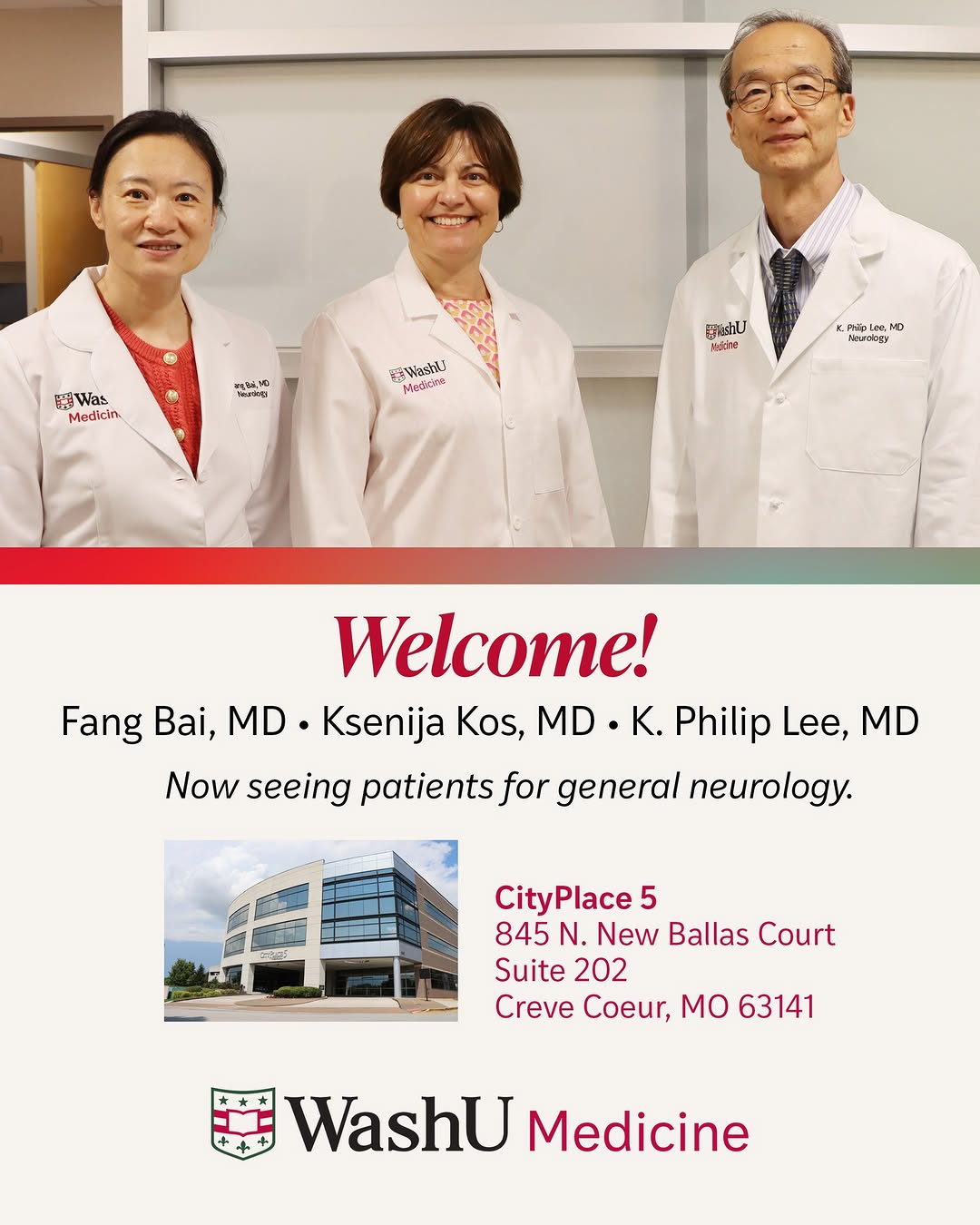 Instagram post by Dr. Steven Couch: Please help us welcome our new @washumedicine neurologists Fang Bai, MD, Ksenija Kos, MD, and K. Philip Lee, MD. Drs. Bai, Kos and Lee are a…