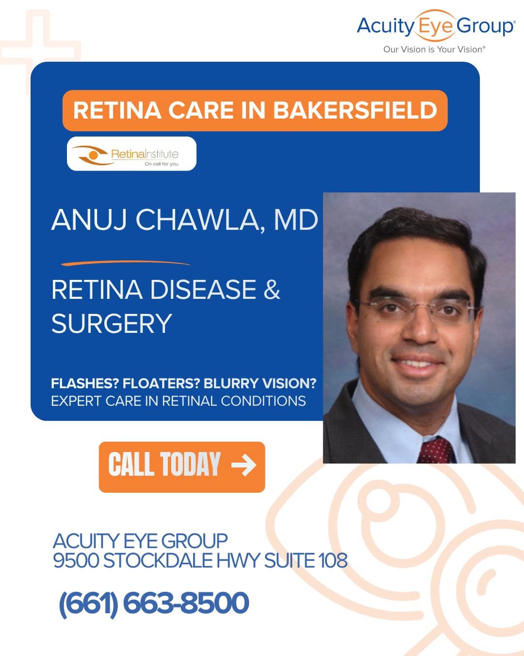 Instagram post by Dr. Steven G. Pratt: Retina care close to home in Bakersfield. Have you noticed new floater, flashes of light, blurred or distorted vision, or dark spots in you …