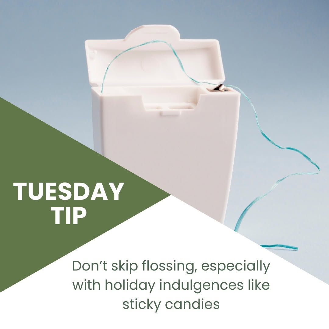Instagram post by Dr. Steven Goldy: Don’t skip flossing, especially with holiday indulgences like sticky candies. #tiptuesday #dentalhealth