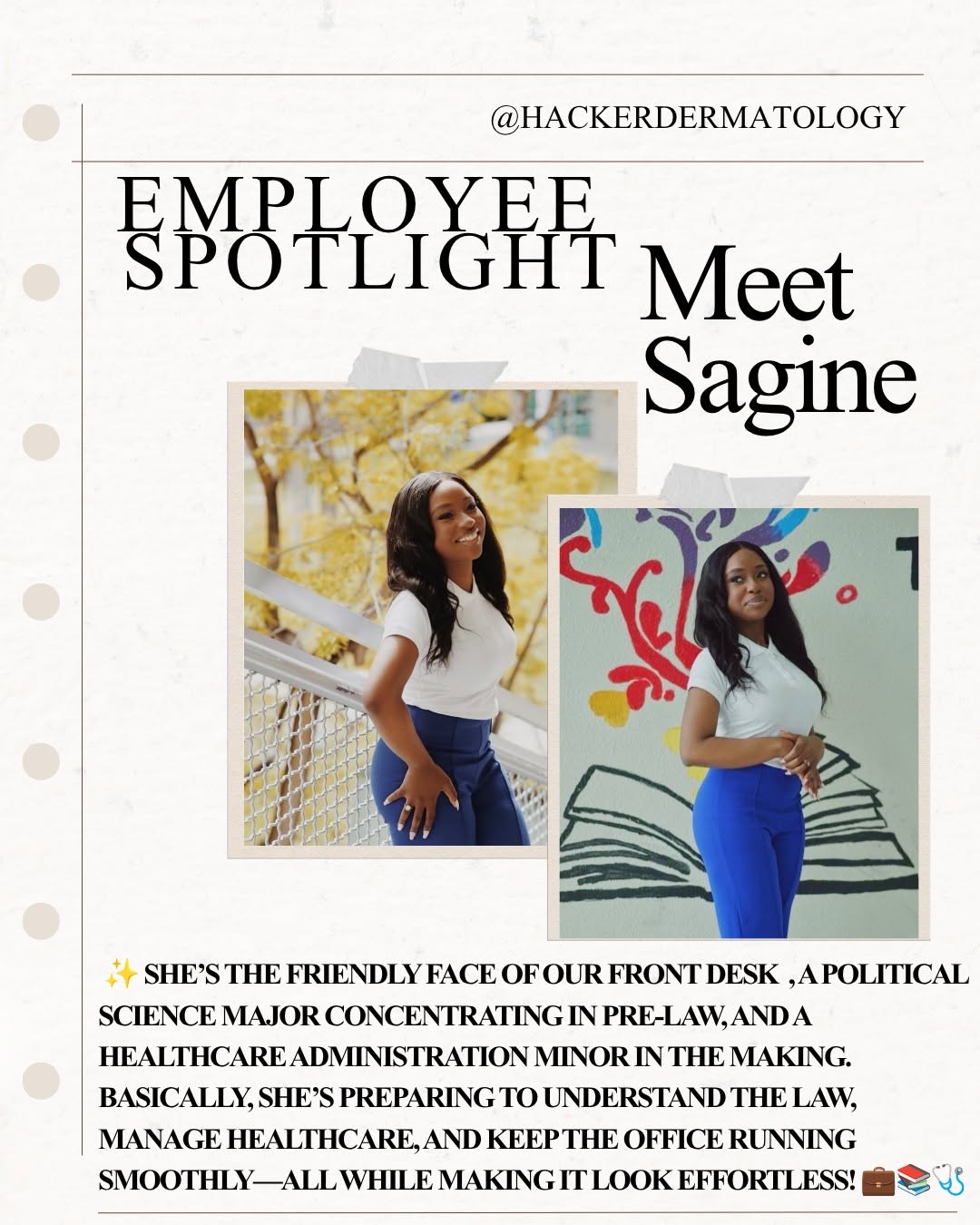 Instagram post by Dr. Steven Hacker: The friendly voice and warm welcome you get at Hacker Dermatology? That is our amazing front office, starting with Sagine. 💛 She keeps ever…