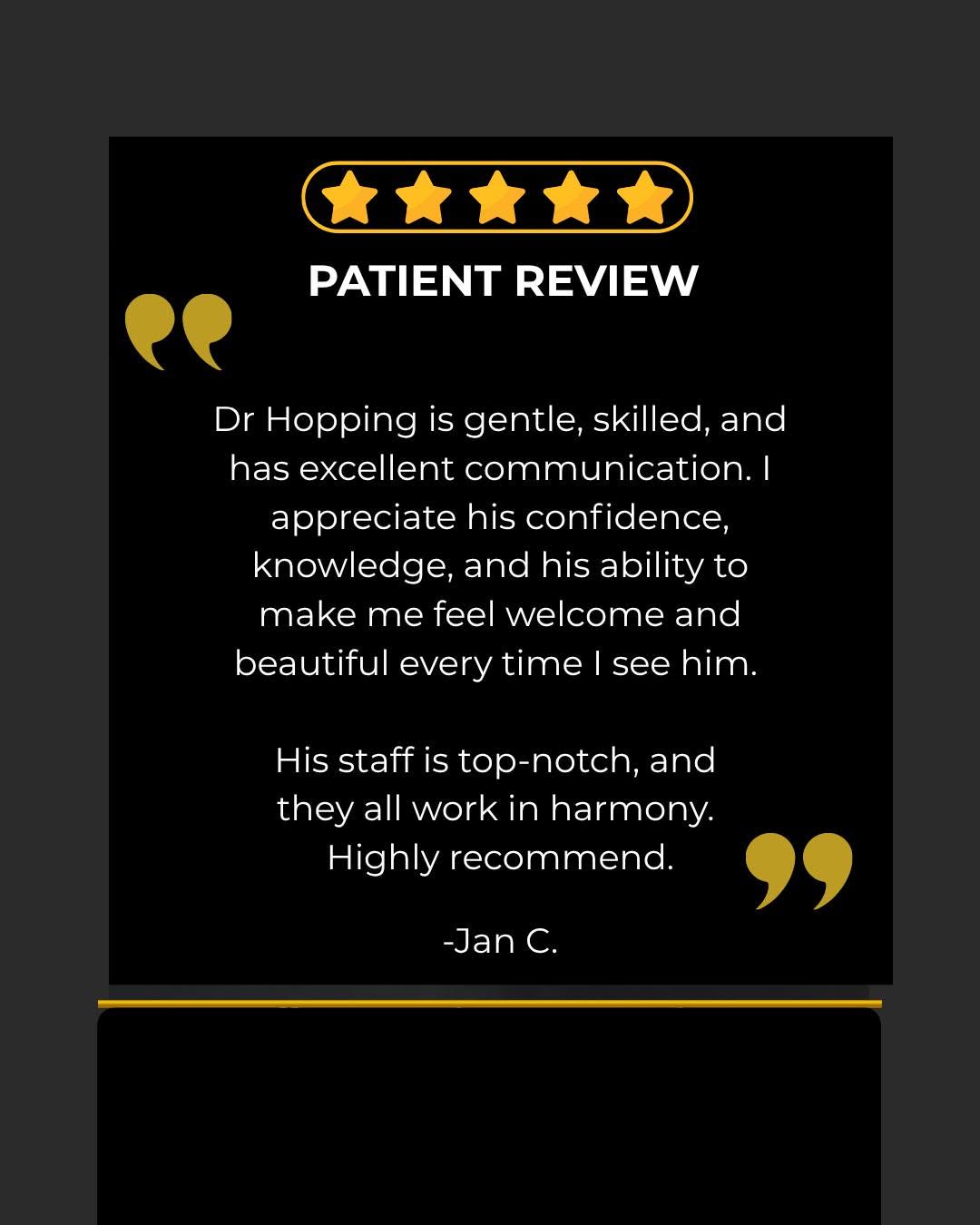 Instagram post by Dr. Steven Hopping: Thank you so much for the 5-star review! We strive to provide the best care possible, and we are thrilled you had a great experience with ou…