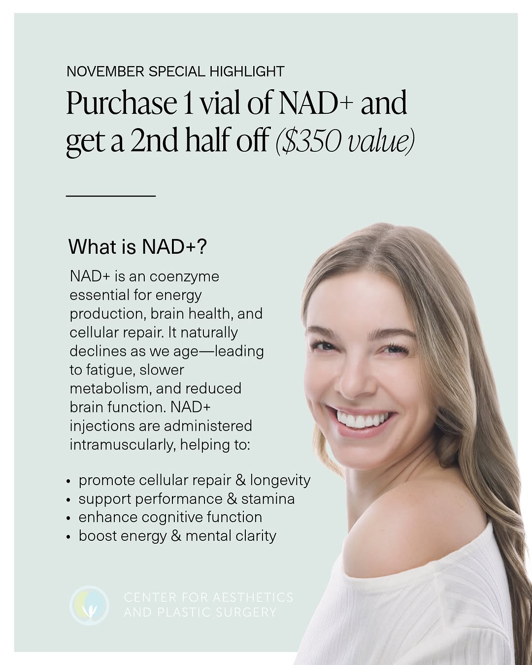 Instagram post by Dr. Steven L. Ringler: Feeling tired, foggy, or low energy? 😴 NAD+ supports repair, performance, and mental clarity from the inside out. November special: buy 1 v…