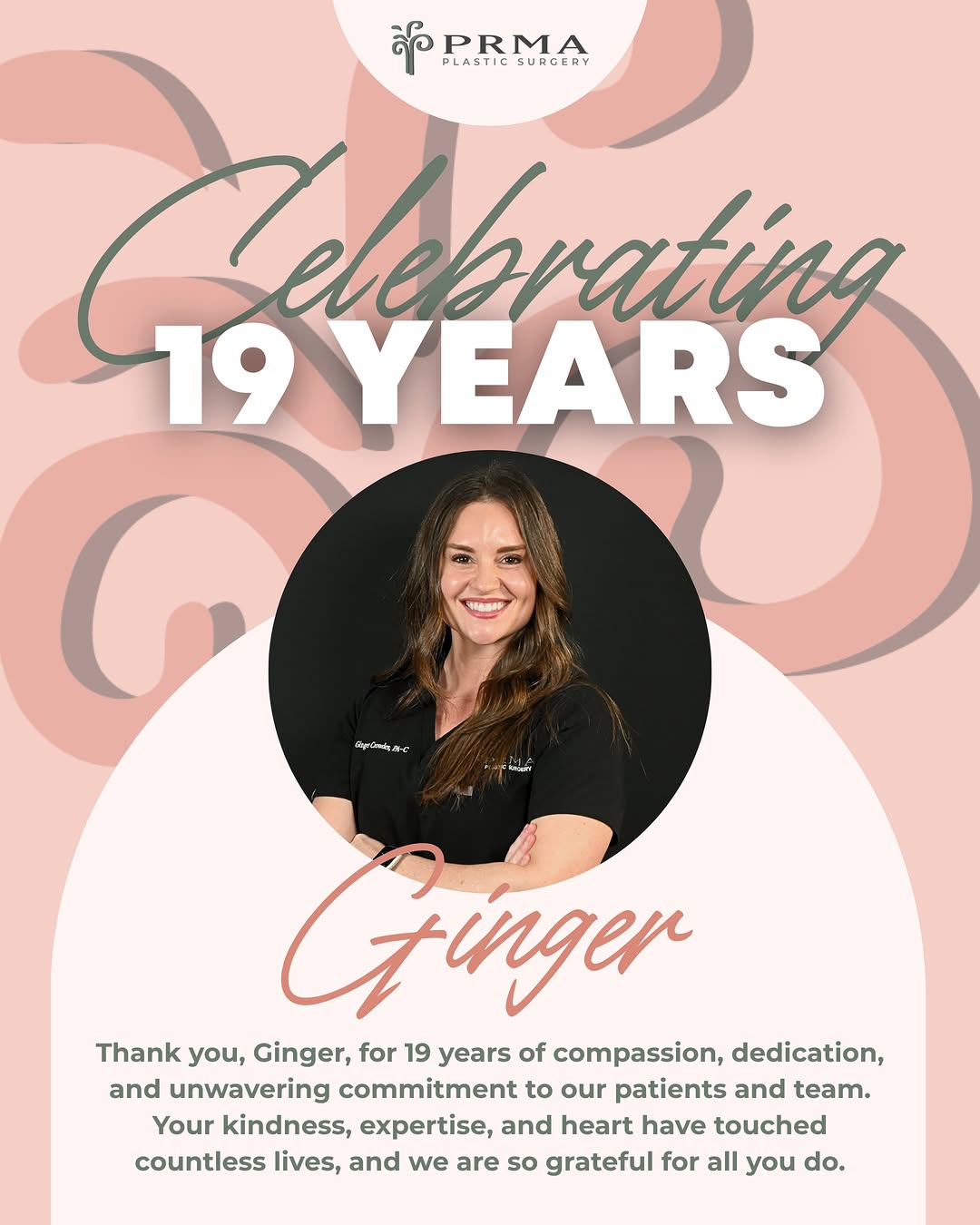 Instagram post by Dr. Steven Pisano: Cheers to 19 amazing years, Ginger! 🎉 💖 Nineteen years ago, Ginger joined the PRMA family, and we’ve been better for it ever since. Her wa…