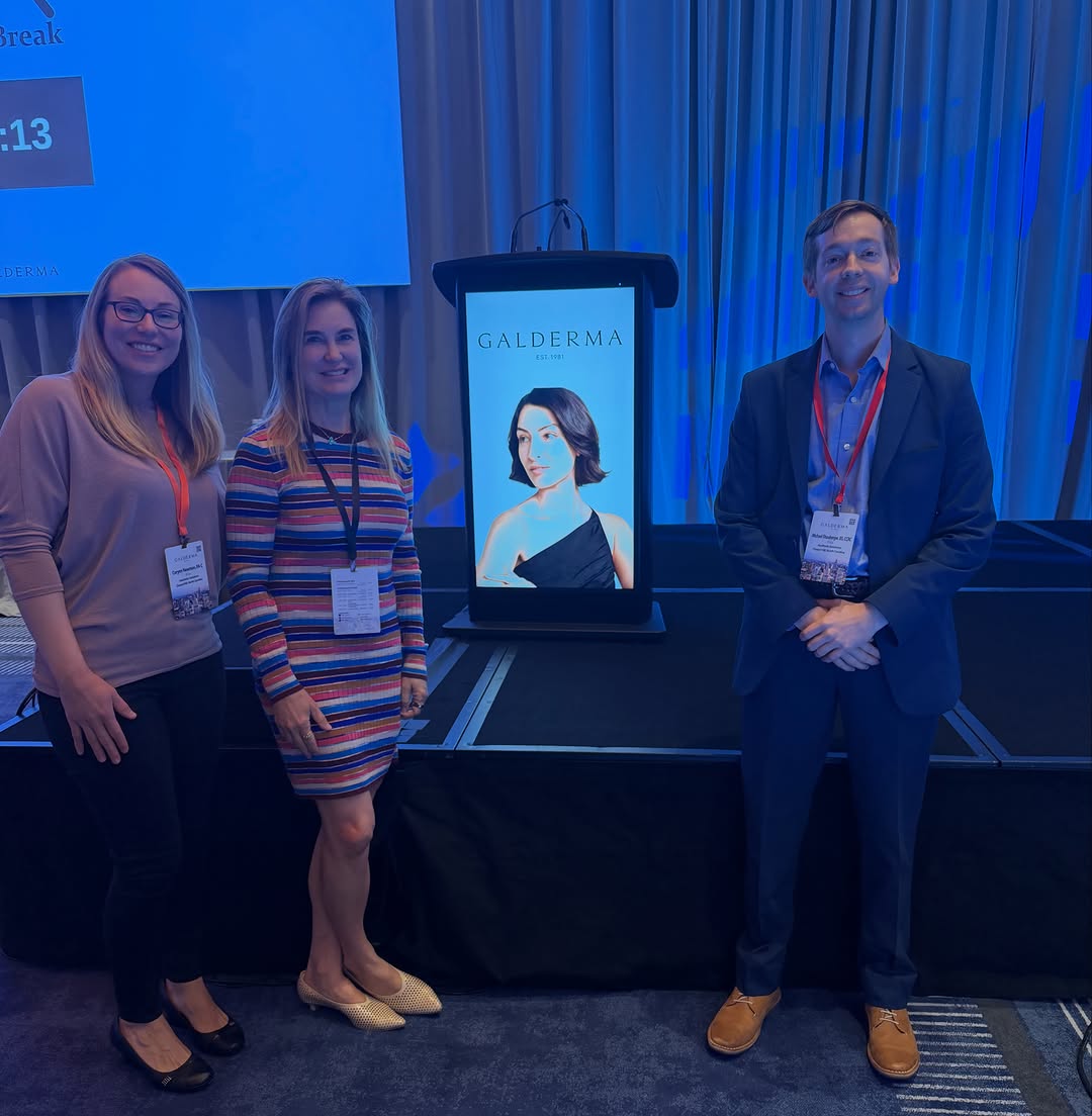 Instagram post by Dr. Sue Ellen Cox: A quick trip to New York for Galderma’s Sculptra Cellulite Investigator Meeting, joined by our PA, Corynn, and Clinical Research Lead, Micha…