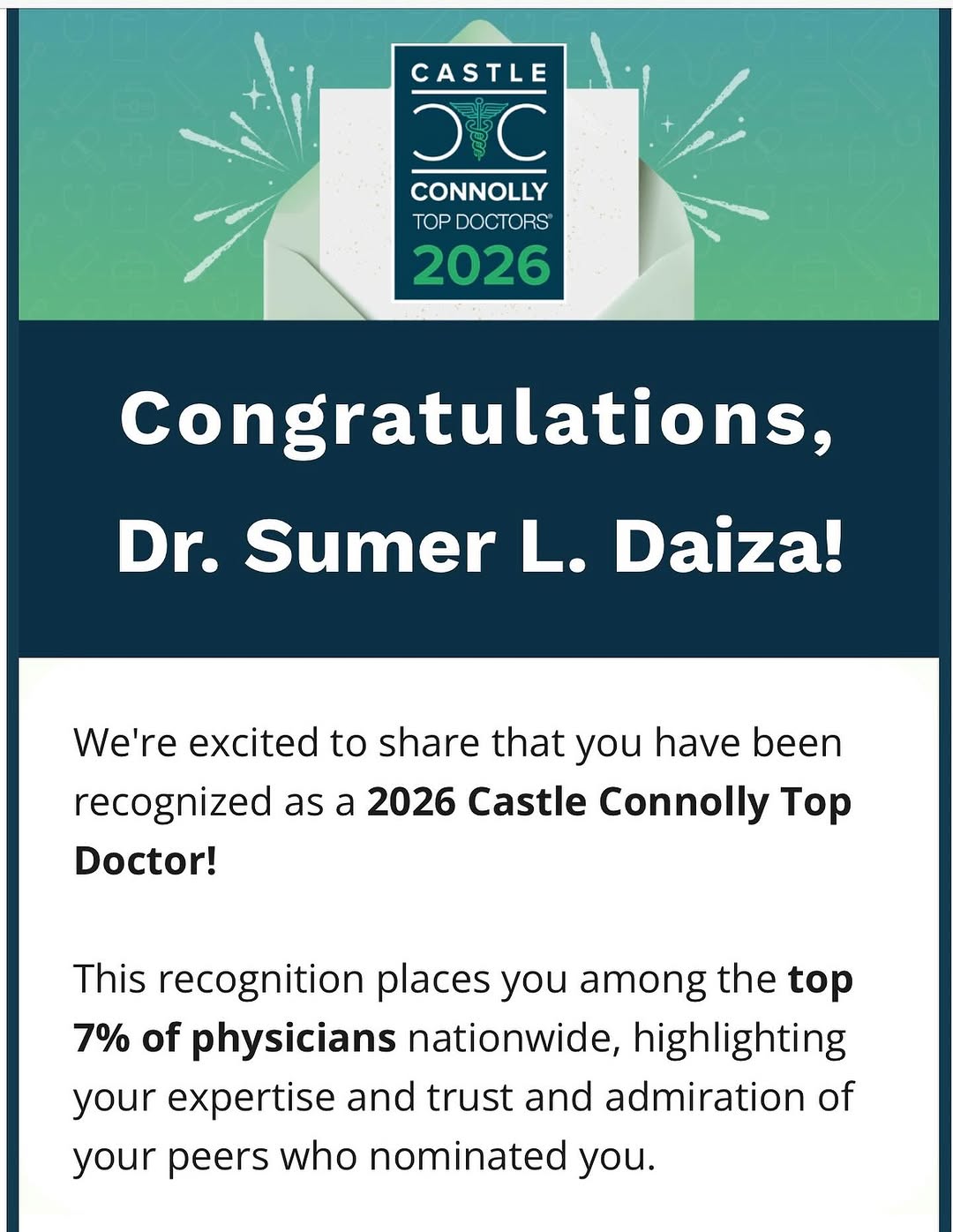 Instagram post by Dr. Sumer Daiza: I am honored and grateful to be nominated as a Castle Connolly TOP DOCTOR once again. I am always humbled to be given these honors, this one…