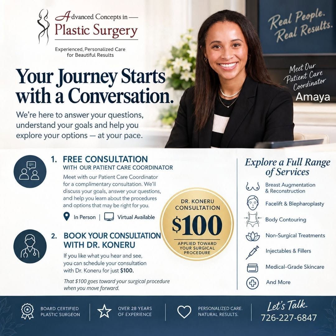 Instagram post by Dr. Suresh Koneru: Your plastic surgery journey should start with answers—not pressure. 💙 At Advanced Concepts in Plastic Surgery, we want you to feel informe…