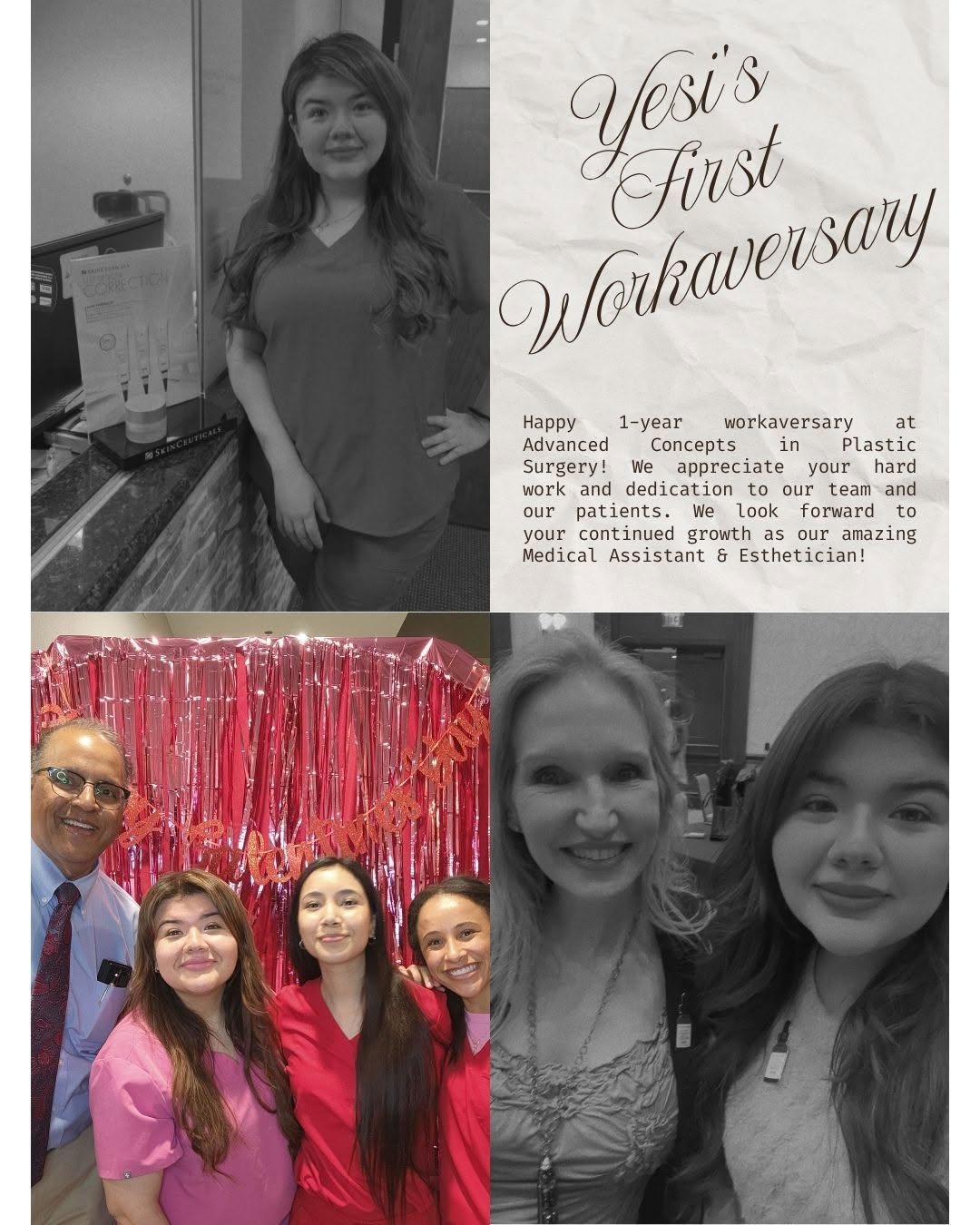 Instagram post by Dr. Suresh Koneru: ✨ HELP US CELEBRATE YESI! ✨ Today we’re celebrating a very special milestone — Yesenia’s 1-Year Work-a-Versary with Advanced Concepts in Pla…