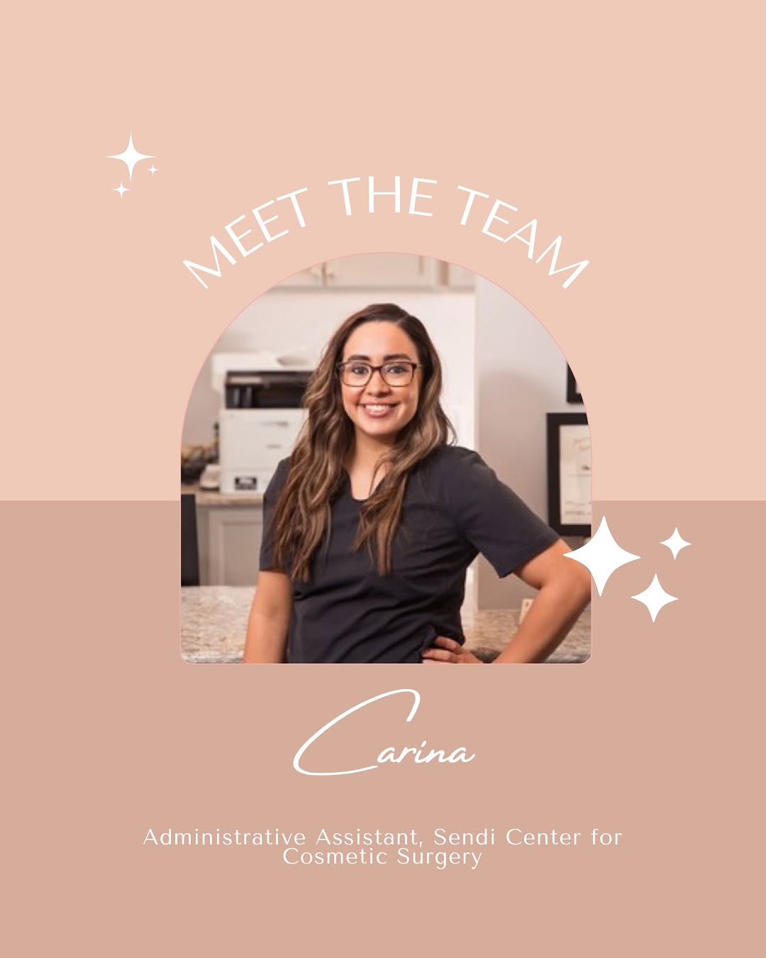 Instagram post by Dr. Susan Buenaventura: 🌟Meet Carina - One of our amazing administrative assistants at The Sendi Surgery Center🌟Six years on our team and counting, she keeps our …