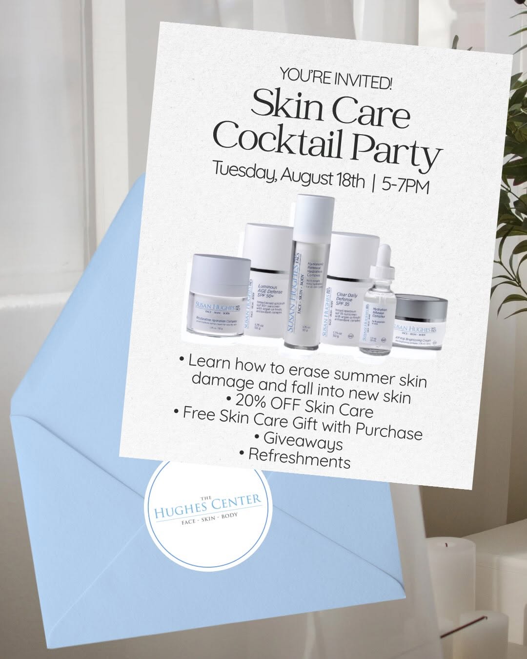 Instagram post by Dr. Susan M. Hughes: August is in full swing✨ and we’re celebrating with some serious savings at The Hughes Center. From skincare and peels to filler, Botox, Coo…