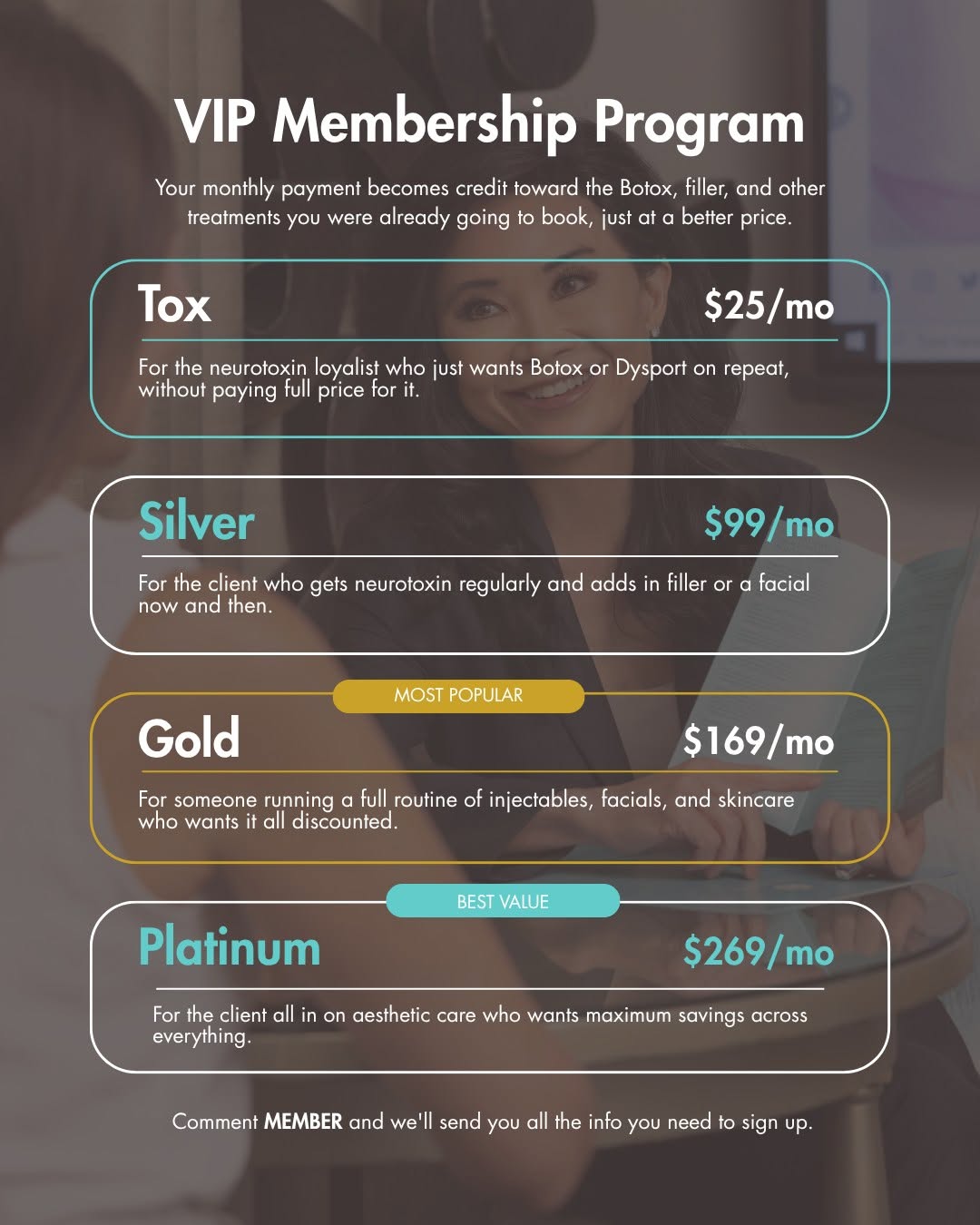 Instagram post by Dr. Suzanne Yee: Comment MEMBER and we'll find the right plan for you! Our VIP Membership turns your regular treatments into a savings plan. Your monthly pay…