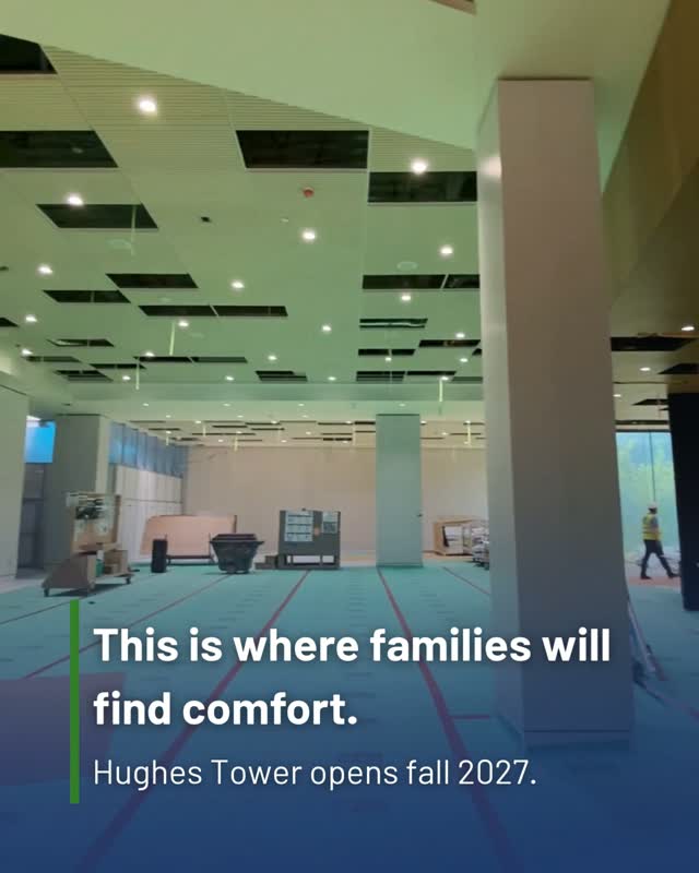 Instagram post by Dr. Suzette Miranda: This is where families will find comfort. The new Hughes Tower lobby is designed to welcome patients, families and caregivers into a calm, h…