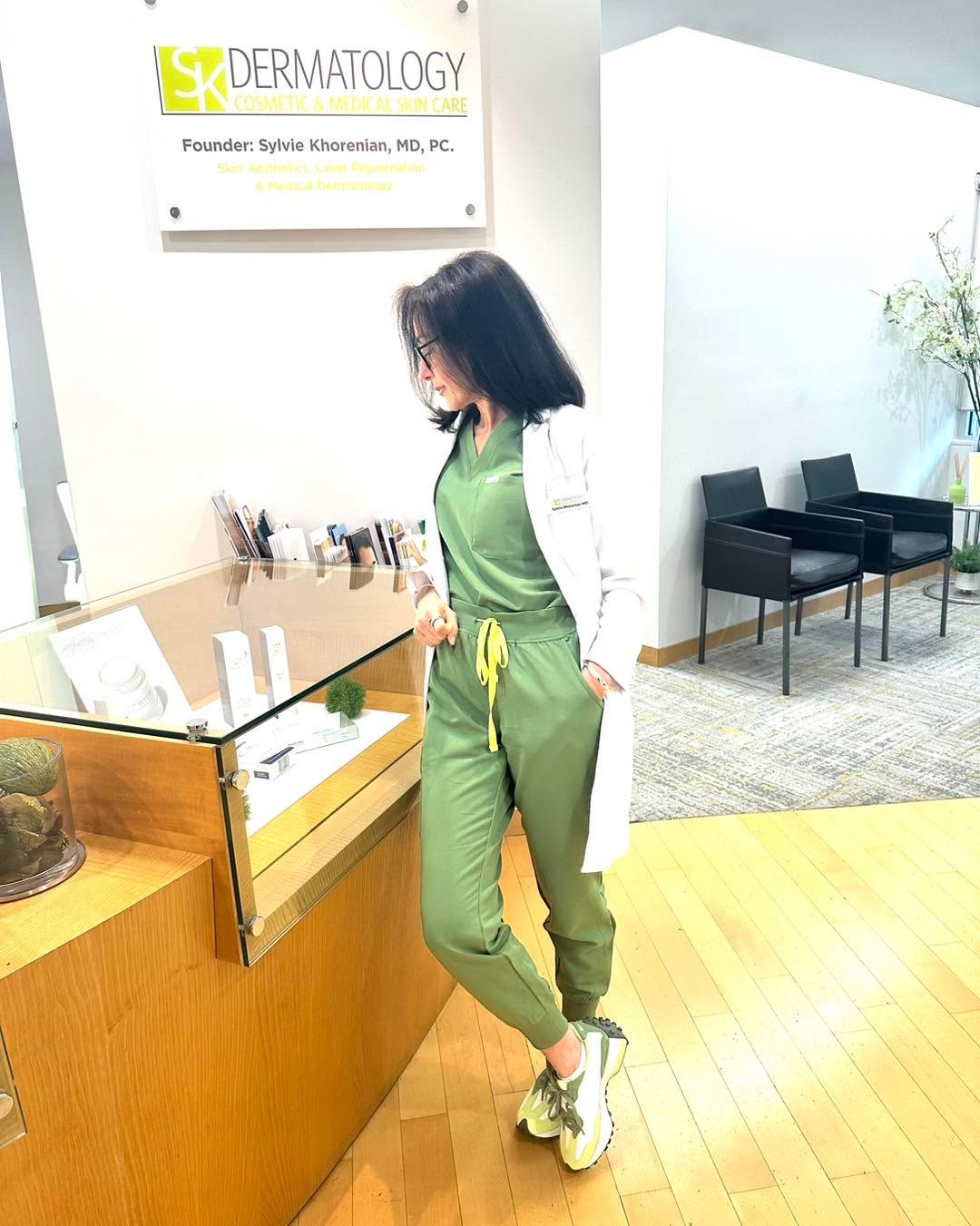 Instagram post by Dr. Sylvie Khorenian: Dr K sporting her new #figs sneakers & scrubs in her favorite lime green color!!💚💚💚 Happy Friday