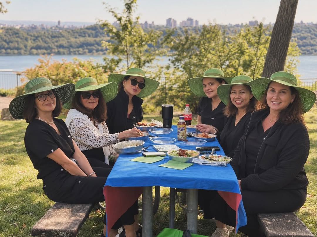 Instagram post by Dr. Sylvie Khorenian: SK Dermatology picnic lunch @AllisonPark celebrating Mama K's (Jeanette's) birthday💚💐🎂