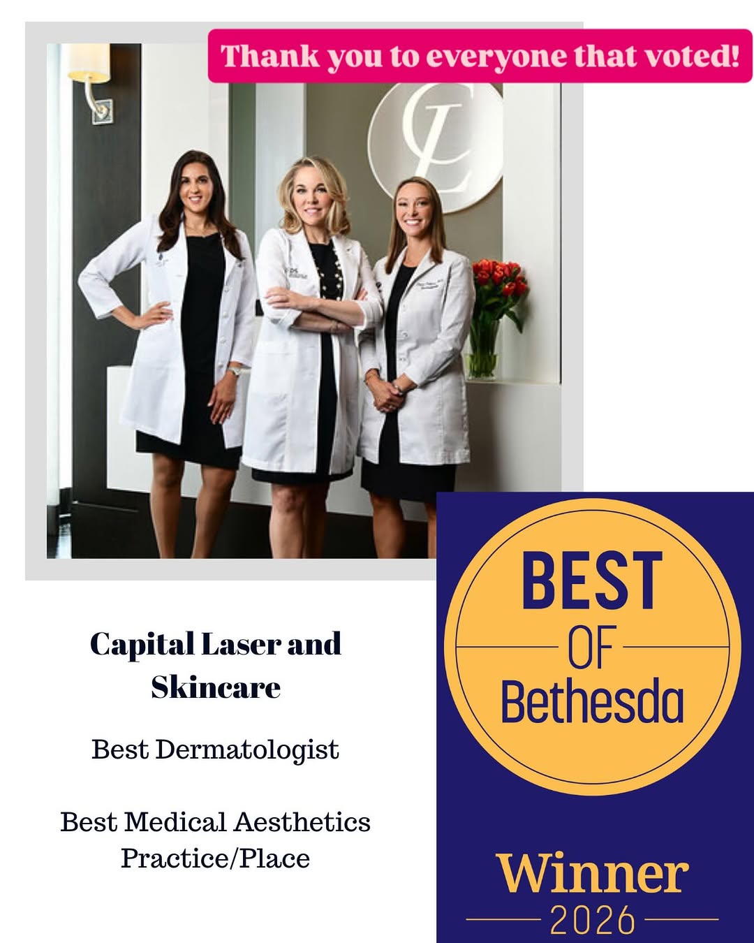 Instagram post by Dr. Tania Peters: 📢 Capital Laser & Skin Care is so proud to announce we are the recipients of the 2026 Best of Bethesda Best Derm and Best Aesthetics (Medic…