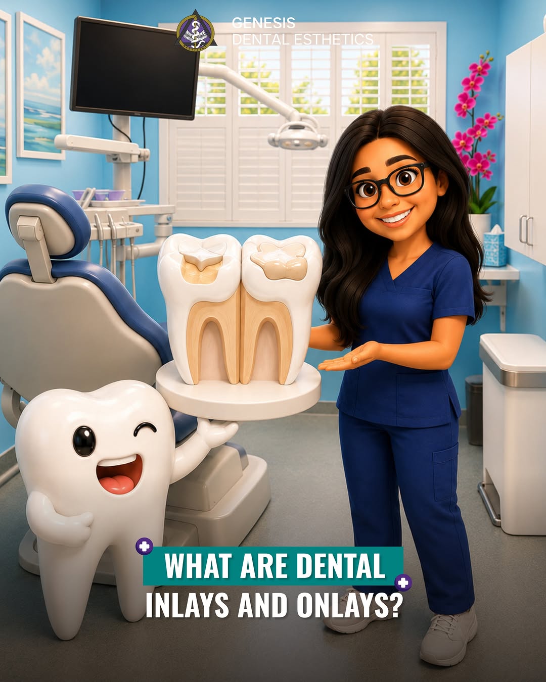 Instagram post by Dr. Ted Baghdasarian: What are dental inlays and onlays? 🦷 They are tooth-colored restorative options made from ceramic, porcelain, or dental composite, designed…