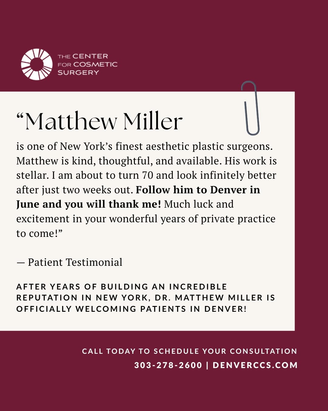 Instagram post by Dr. Teresa C. Cunningham: After years of caring for patients in New York, Dr. Miller is bringing his expertise in aesthetic plastic surgery to Denver. His patients de…
