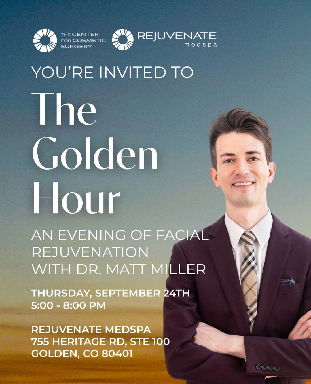 Instagram post by Dr. Teresa C. Cunningham: Meet Dr. Matthew Miller at The Golden Hour, an evening dedicated to all things facial rejuvenation and getting to know the newest surgeon at…