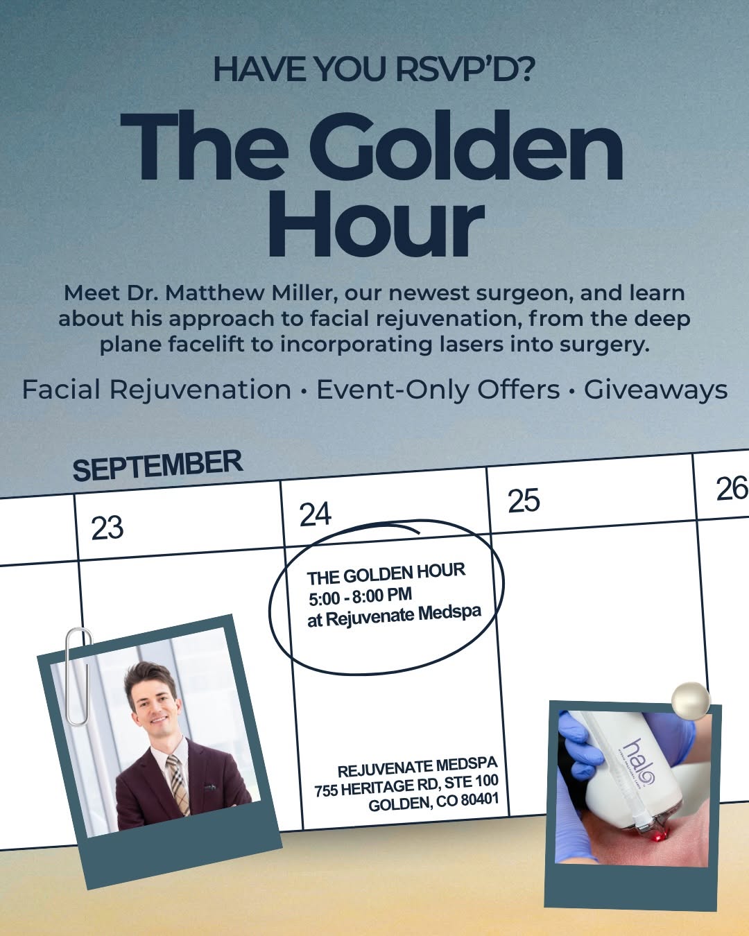 Instagram post by Dr. Teresa C. Cunningham: Golden Hour is just a week away! Join us for an evening dedicated to facial rejuvenation and meet Dr. Matthew Miller, the newest surgeon at …