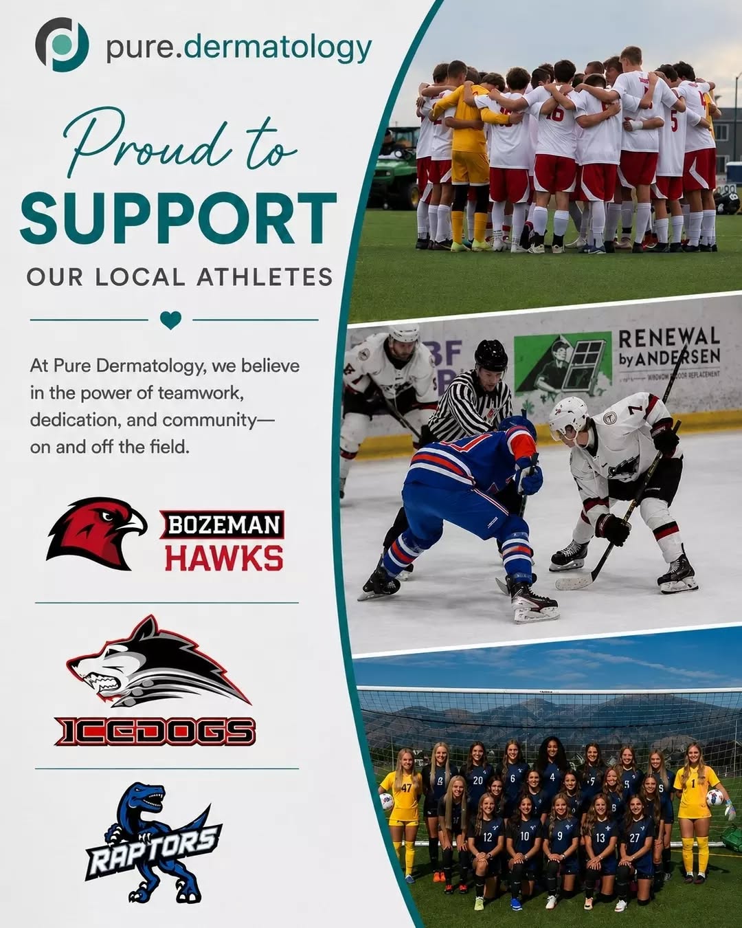 Instagram post by Dr. Teresa Mann: Proud to support our local athletes! ⚽🏒 At Pure Dermatology, we love being part of the Bozeman community—and that means cheering on the tea…