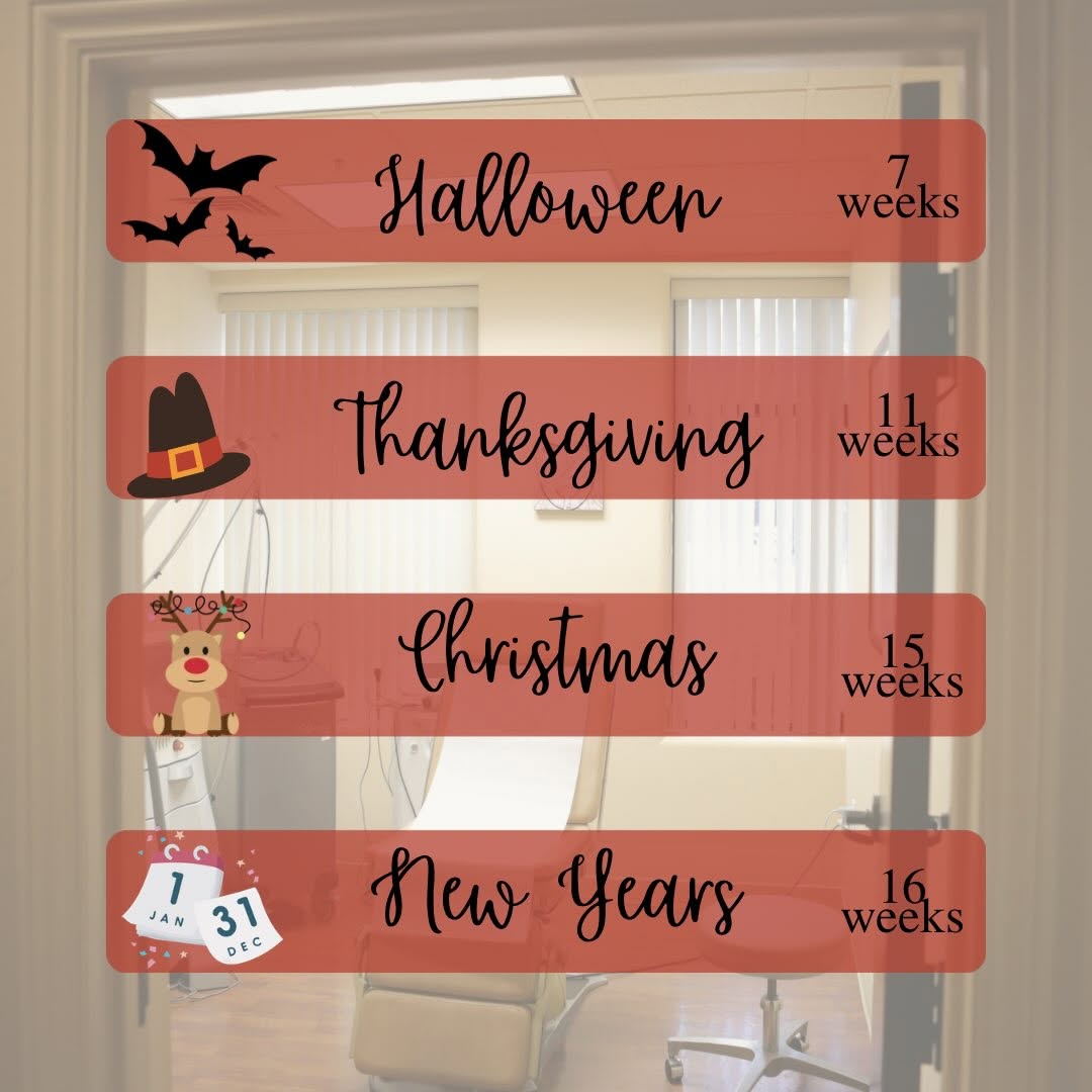 Instagram post by Dr. Terry Zimmerman: The holidays will be here before we know it! ✨ 🎃 7½ weeks until Halloween 🦃 11 weeks until Thanksgiving 🎄 15½ weeks until Christmas 🥂 16…