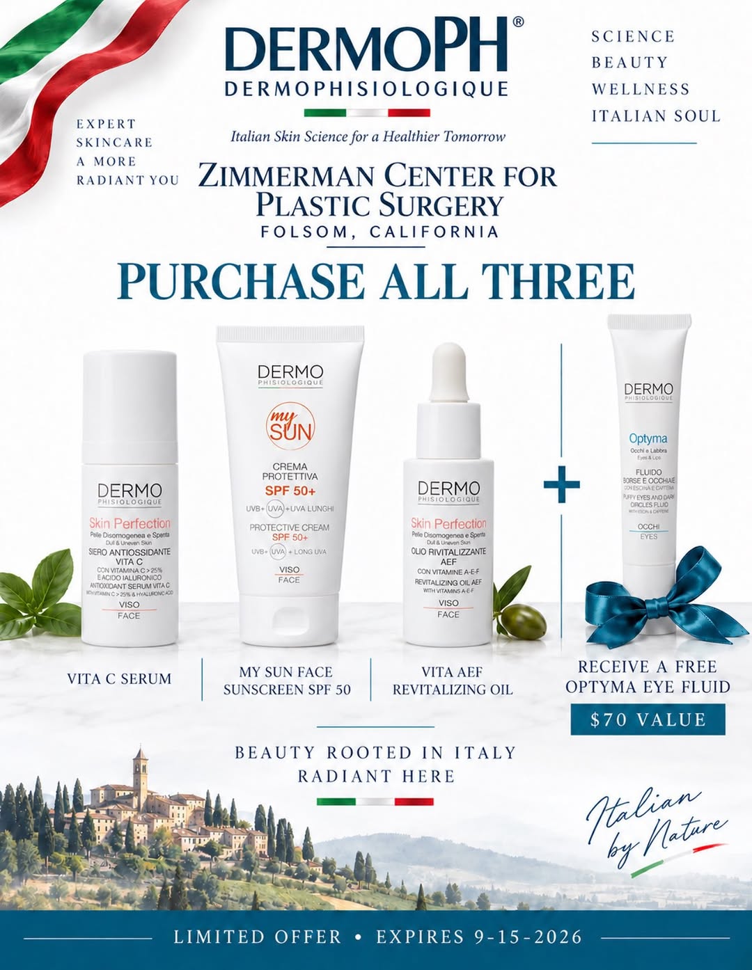 Instagram post by Dr. Terry Zimmerman: ✨ A little extra love for your skin, courtesy of Italy. 🇮🇹 For a limited time, purchase all three Dermoph Physiologique favorites and rece…