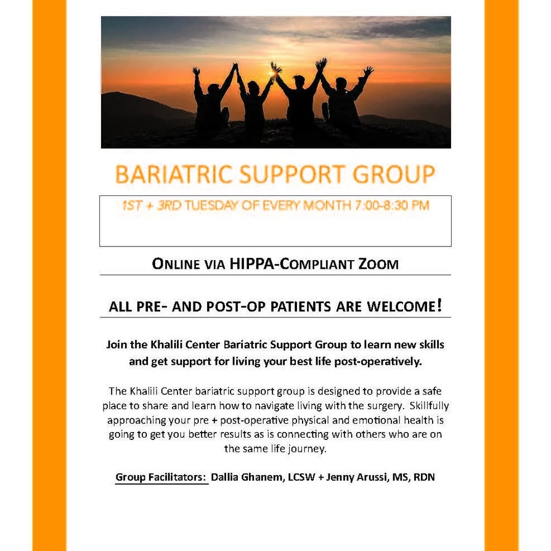 Instagram post by Dr. Theodore M. Khalili: Support groups are back! Our Khalili Center team is here to support you through every step of your weight loss journey. Facilitated by our w…