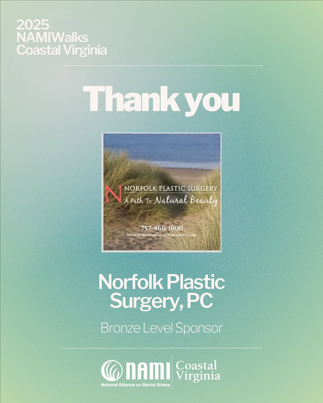 Instagram post by Dr. Theodore Uroskie: Thank you to @norfolkplasticsurgery, specialists in cosmetic and reconstructive care. Your support helps NAMIWalks Coastal Virginia bring ho…
