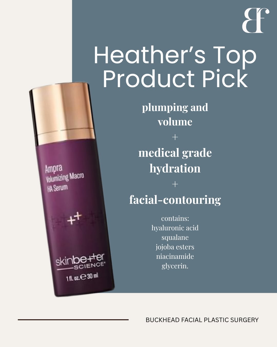 Instagram post by Dr. Theresa M. Jarmuz: Heather’s Top Product Pick: Ampra HA Serum 💧 For plumping, volume, and hydration, Heather recommends the Ampra HA Serum by Skin Better Scie…