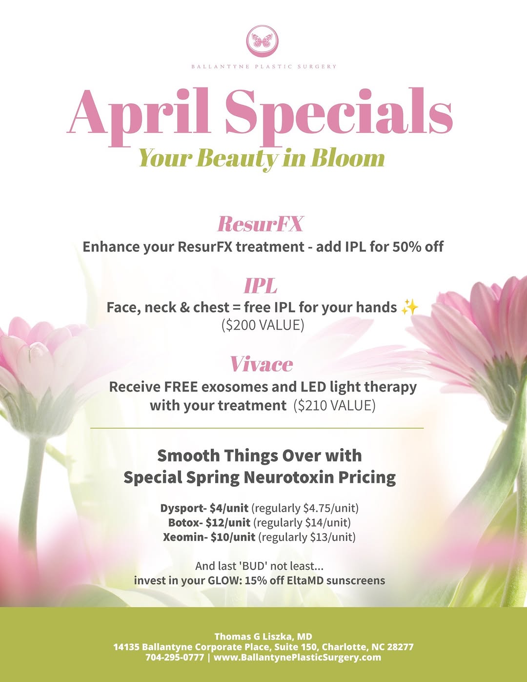 Instagram post by Dr. Thomas G. Liszka: ✨ April Specials Are Here ✨ Spring into confidence with these April Offers! 🌸 #ballantyneplasticsurgery #Aprilspecials #SpringRefresh #boto…