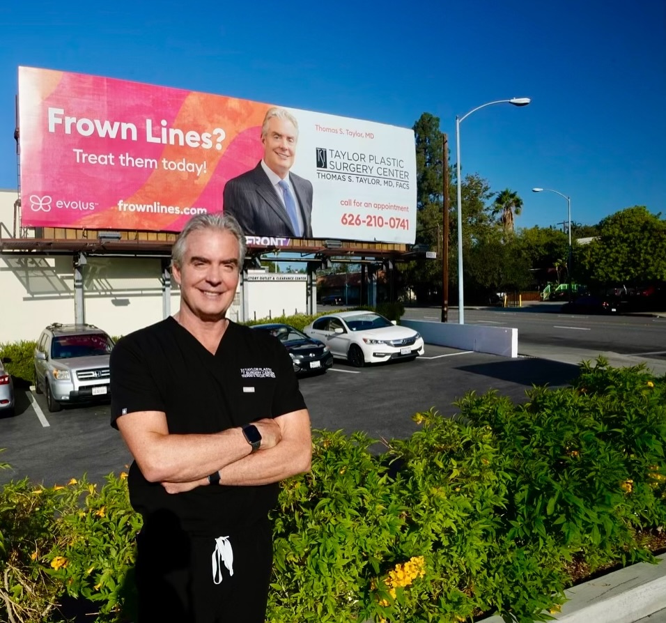 Instagram post by Dr. Thomas S. Taylor: Billboard days of Dr. Thomas Taylor in Pasadena by the delicious @innout ☀️ #evolus #jeuveau™ #pasadena #innout #taylorplasticsurgerycenter …