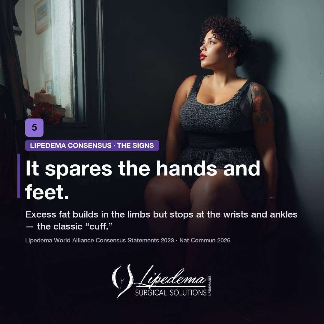 Instagram post by Dr. Thomas Wright: 📢 Statement 5: Lipedema typically spares the hands and feet. The Lipedema World Alliance consensus paper recognizes that Lipedema-related e…