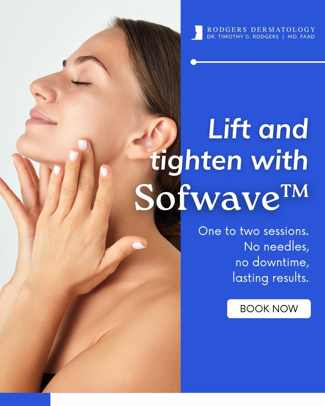 Instagram post by Dr. Timothy G. Rodgers: A little laxity along the jawline or neck tends to creep up gradually, and Sofwave was built to address exactly that without surgery or need…