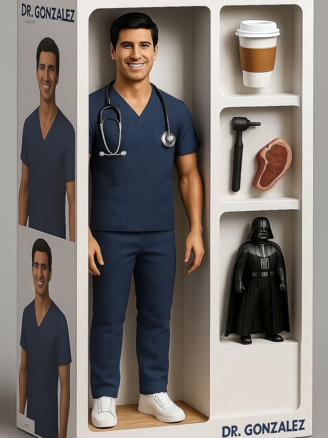 Instagram post by Dr. Timothy Pingree: 👋🏼 Take a look at the newest medical action figure, Dr. Gonzalez! Dressed in his signature navy blue scrubs, he comes complete with his fa…