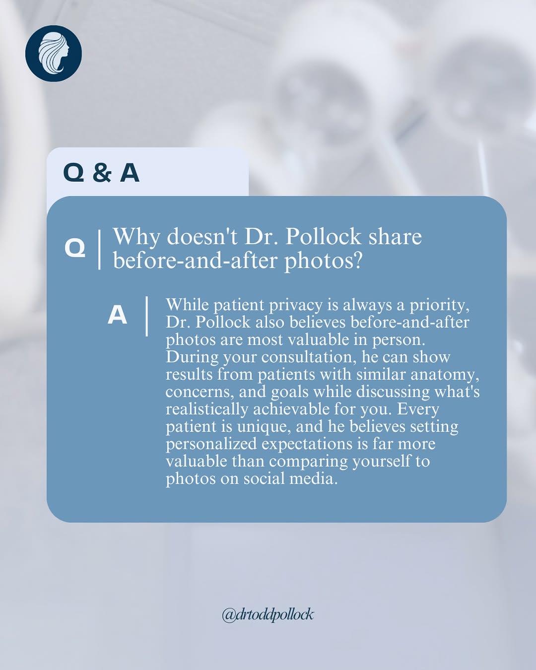 Instagram post by Dr. Todd Pollock: One of the questions we hear most often is, “Why doesn’t Dr. Pollock post before-and-after photos?” 🤩The answer is simple: every patient is…