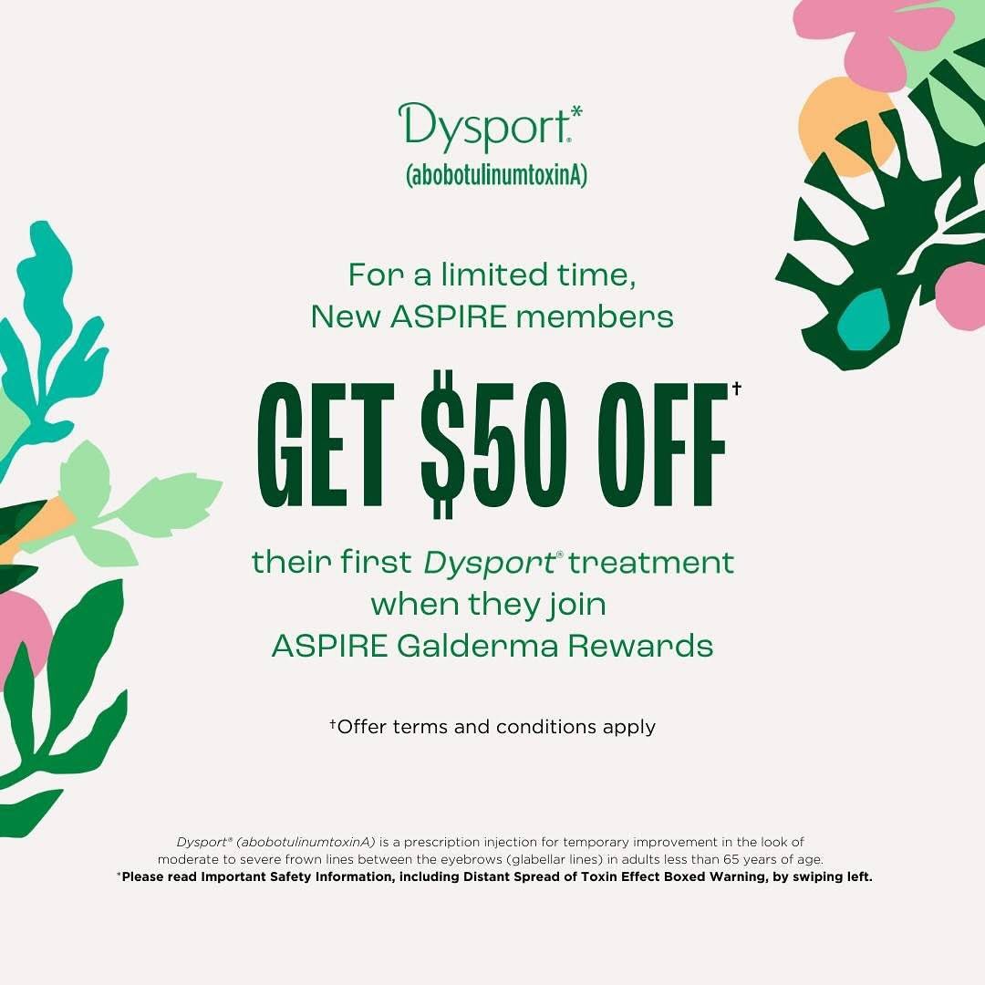 Instagram post by Dr. Tracy Kuykendall: Smoothing and saving? That’s definitely Dysport. For a limited time, new Aspire GALDERMA Rewards members get $50 off a Dysport treatment. Ca…