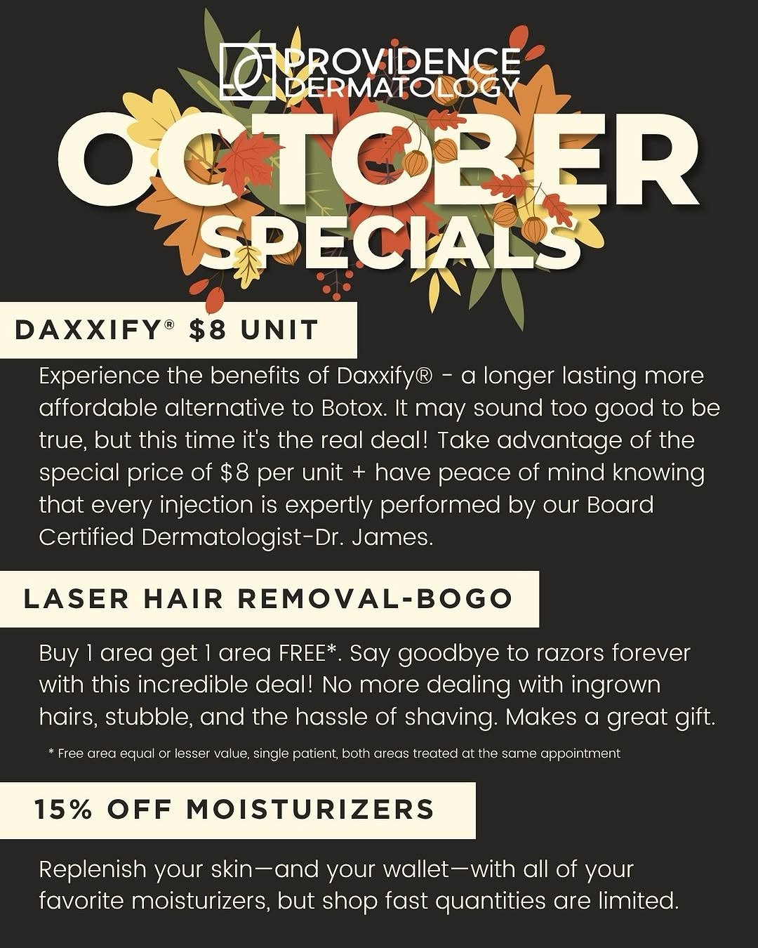 Instagram post by Dr. Travis James, DO: All month long, enjoy big savings with our October Specials!