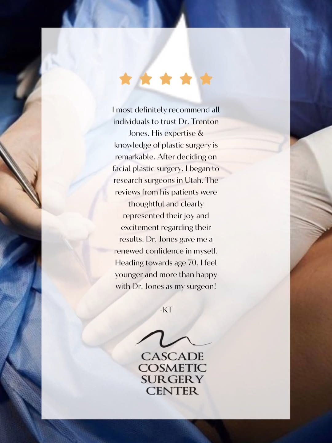 Instagram post by Dr. Trenton C. Jones: ✨ Real Patient Love ✨ “I feel younger and more confident than ever…” — and THAT is exactly why we do what we do 💛 At Cascade Cosmetic Surge…