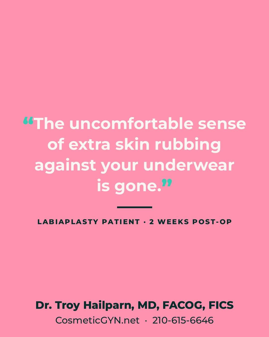 Instagram post by Dr. Troy Robbin Hailparn: "The uncomfortable sense of extra skin rubbing against your underwear is gone." Two weeks after her labiaplasty. This is what people mean wh…