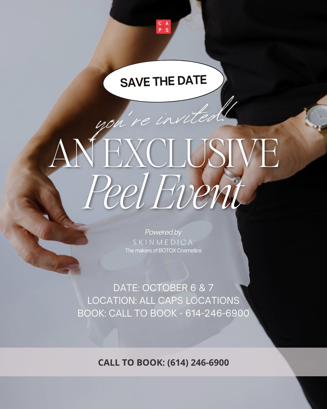 Instagram post by Dr. Tyler Sbrocchi: Your skin has plans. ✨ Save the date for two days of fresh skin, SkinMedica and exclusive event savings at CAPS. Our SkinMedica Peel Event i…