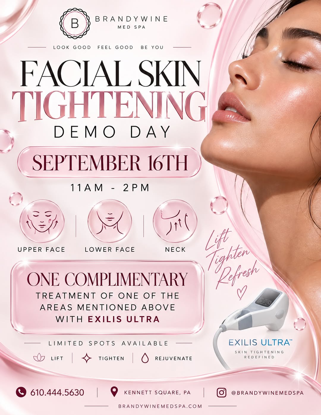 Instagram post by Dr. Uzma A. Quraishi: This Wednesday! Join us for our Facial Skin Tightening Demo Day featuring Exilis Ultra on September 16th from 11 AM–2 PM! Experience the ben…