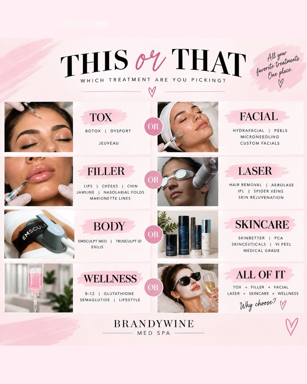 Instagram post by Dr. Uzma A. Quraishi: If you could only pick ONE today… what are you choosing? 💉 Tox or Facial? 💋 Filler or Laser? 🔥 Body or Skincare? 💗 Wellness or ALL OF IT…