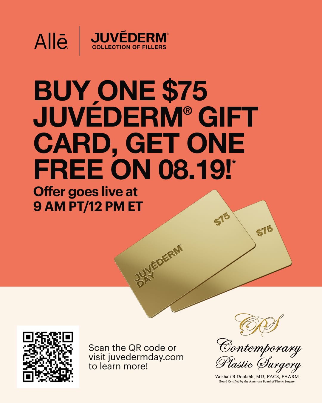 Instagram post by Dr. Vaishali B. Doolabh: JUVÉDERM® Day is the one day only event everyone’s talking about , put it in your calendar! 08.19 2026 at 12 P.M. Allē Members can buy one $…