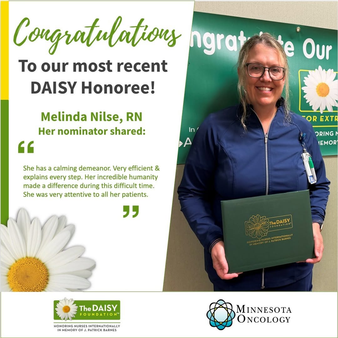 Instagram post by Dr. Valerie Lemaine: Congratulations to Melinda Nilsen, RN, from our Woodbury clinic on being honored with the DAISY Award! She is part of an outstanding group o…