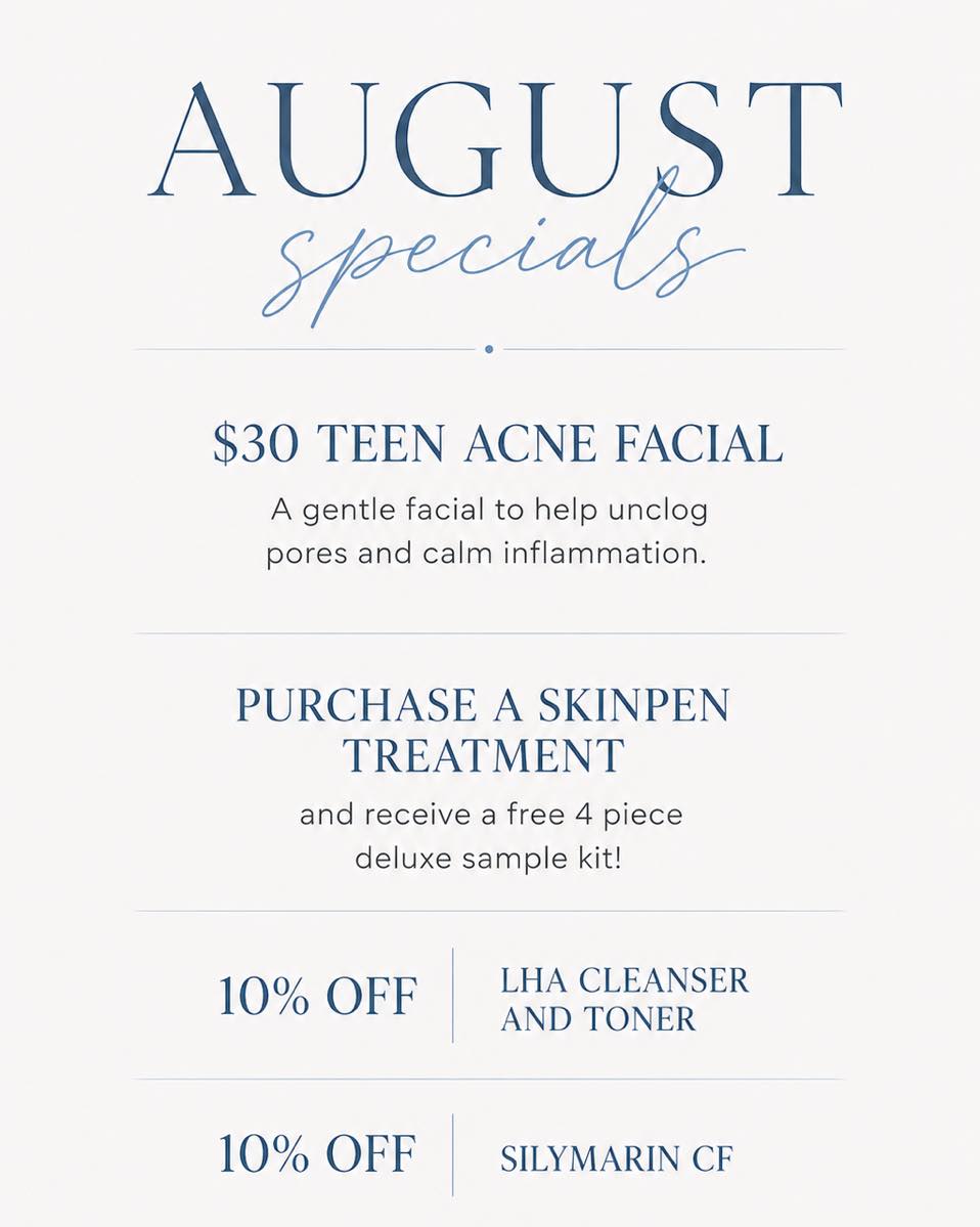 Instagram post by Dr. Valerie Vick: August specials are here! 🤍 This month we’re offering: • $30 Teen Acne Facials • A FREE 4-piece deluxe sample kit with any SkinPen treatmen…