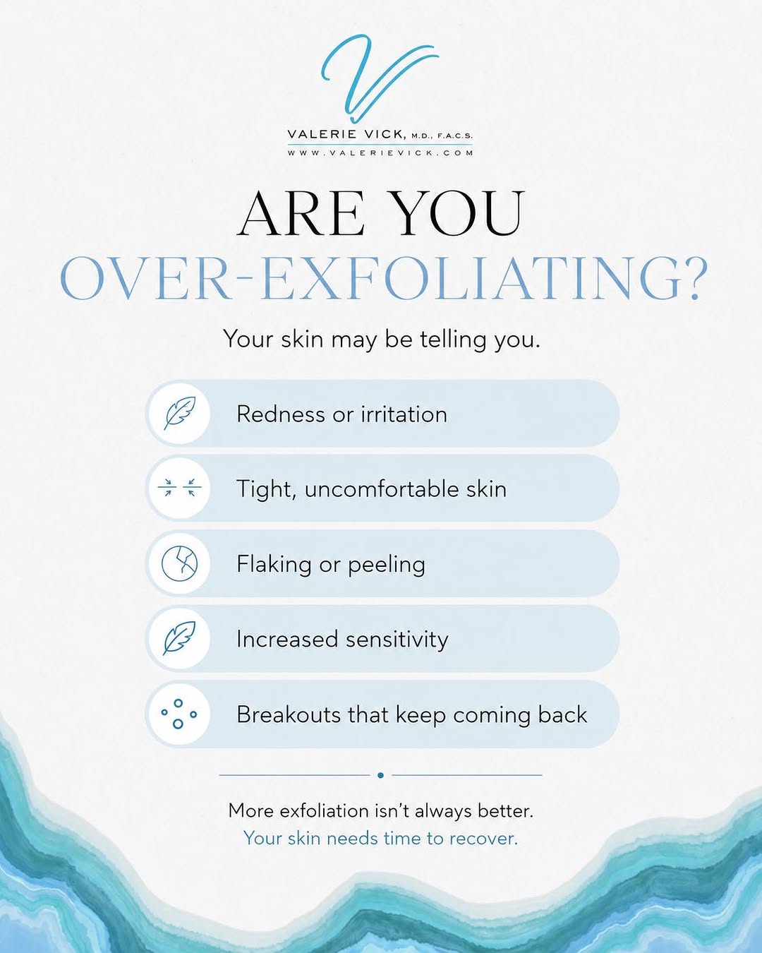 Instagram post by Dr. Valerie Vick: How much exfoliation is too much? Exfoliating helps remove dead skin cells and can improve the look and feel of your skin. However, exfoliat…