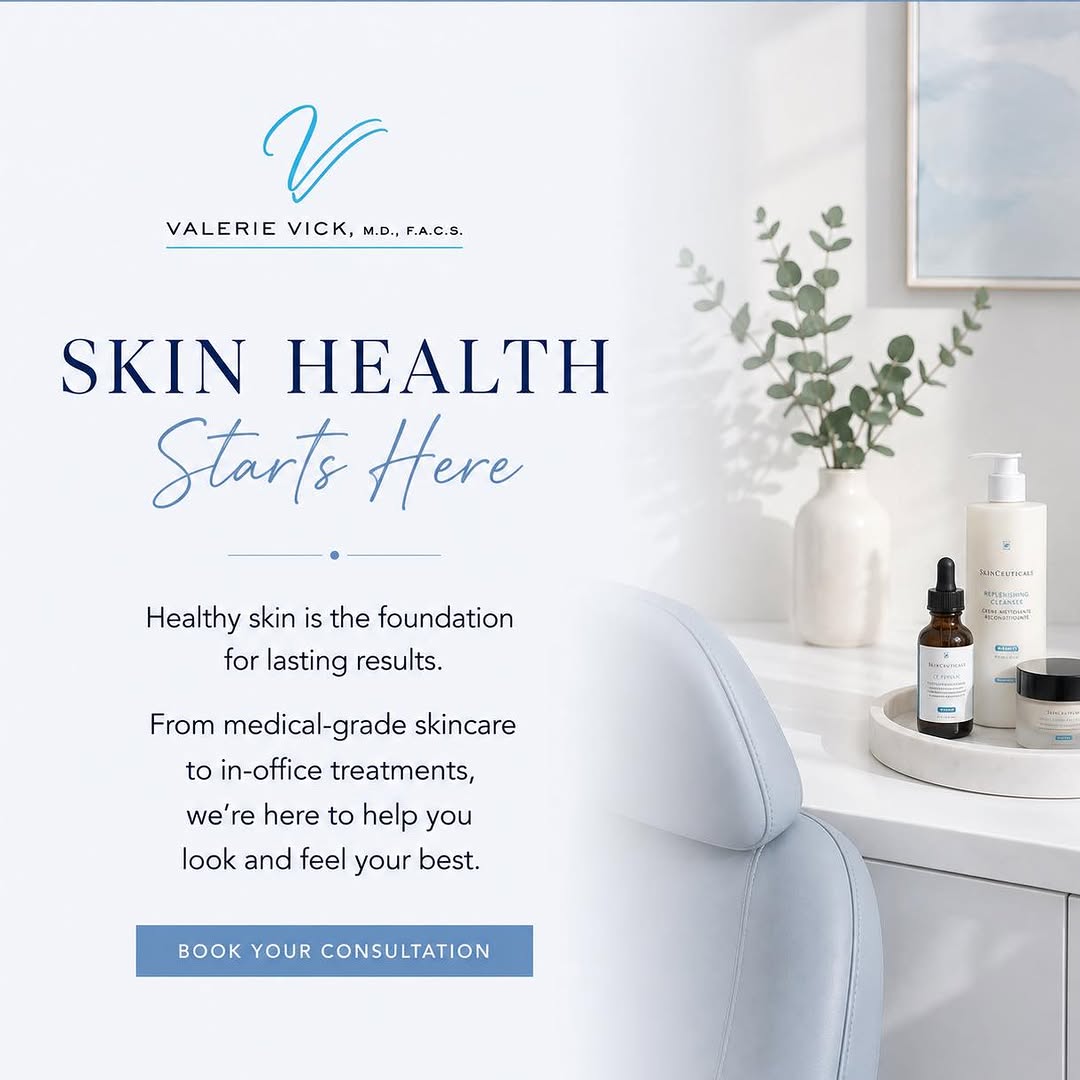 Instagram post by Dr. Valerie Vick: Healthy skin starts with the basics: a consistent skincare routine, daily sun protection, and treatments that are appropriate for your skin’…