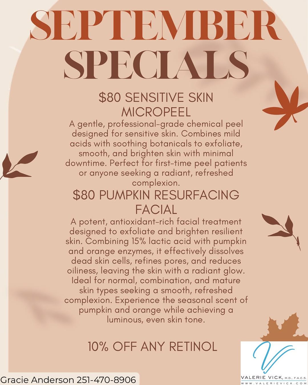Instagram post by Dr. Valerie Vick: September Specials are here. 🍂 As we transition into fall, take advantage of these limited-time skincare offers: • $80 Sensitive Skin Micro…