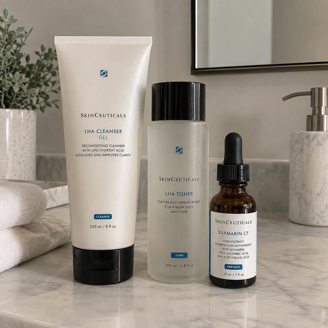 Instagram post by Dr. Valerie Vick: Struggling with clogged pores, excess oil, or frequent breakouts? A targeted skincare routine can help improve the appearance of acne-prone …