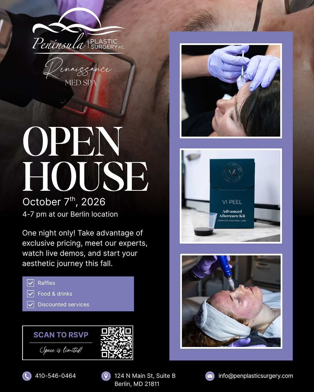 Instagram post by Dr. Vincent J. Perrotta: Join us October 7th from 4–7 PM at our Berlin location for an evening of all things beauty, skincare & aesthetics!💜 What to expect: ▪️Exclu…